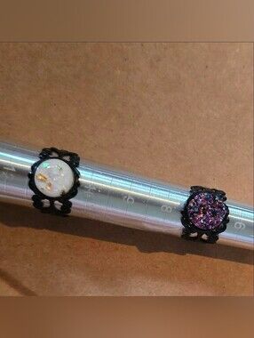Handmade Adjustable Iridescent Crystal Ring Set Mermaid Purple + Gold Flake